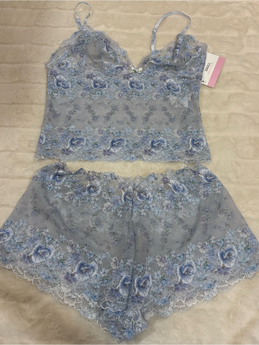 Delicate Lace Camisole & Shorts Set - Light Blue handmade